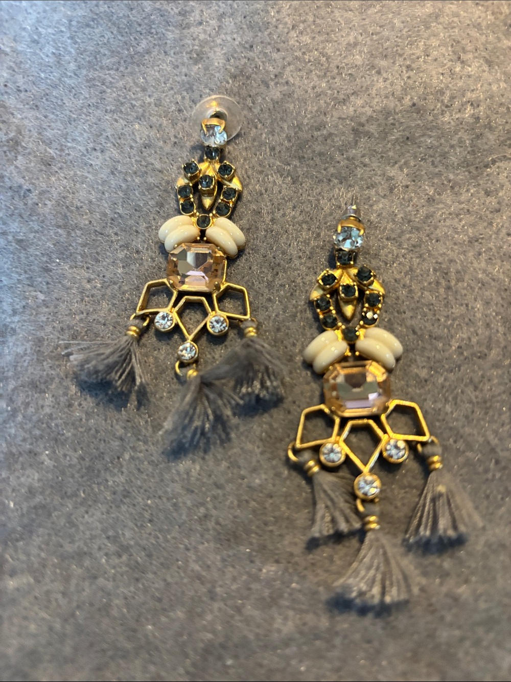 Stella & Dot Gold-Tone Earrings with Gray Tassels and Cream Beads